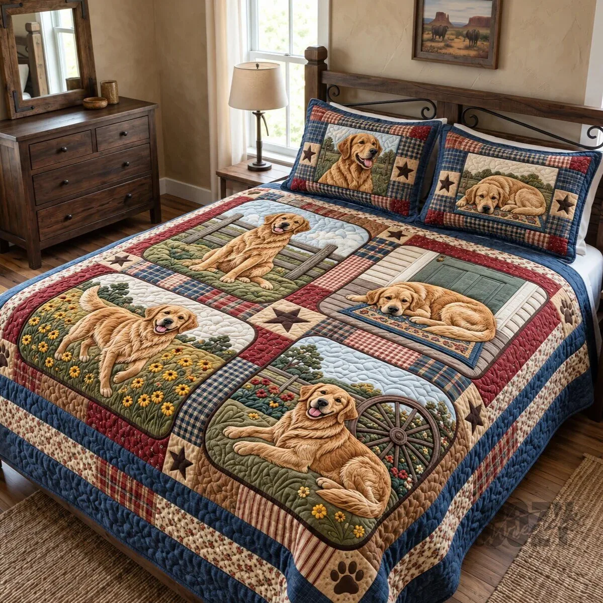 Golden Retriever Dog Patchwork Quilted Bedding Set with Pillow Shams