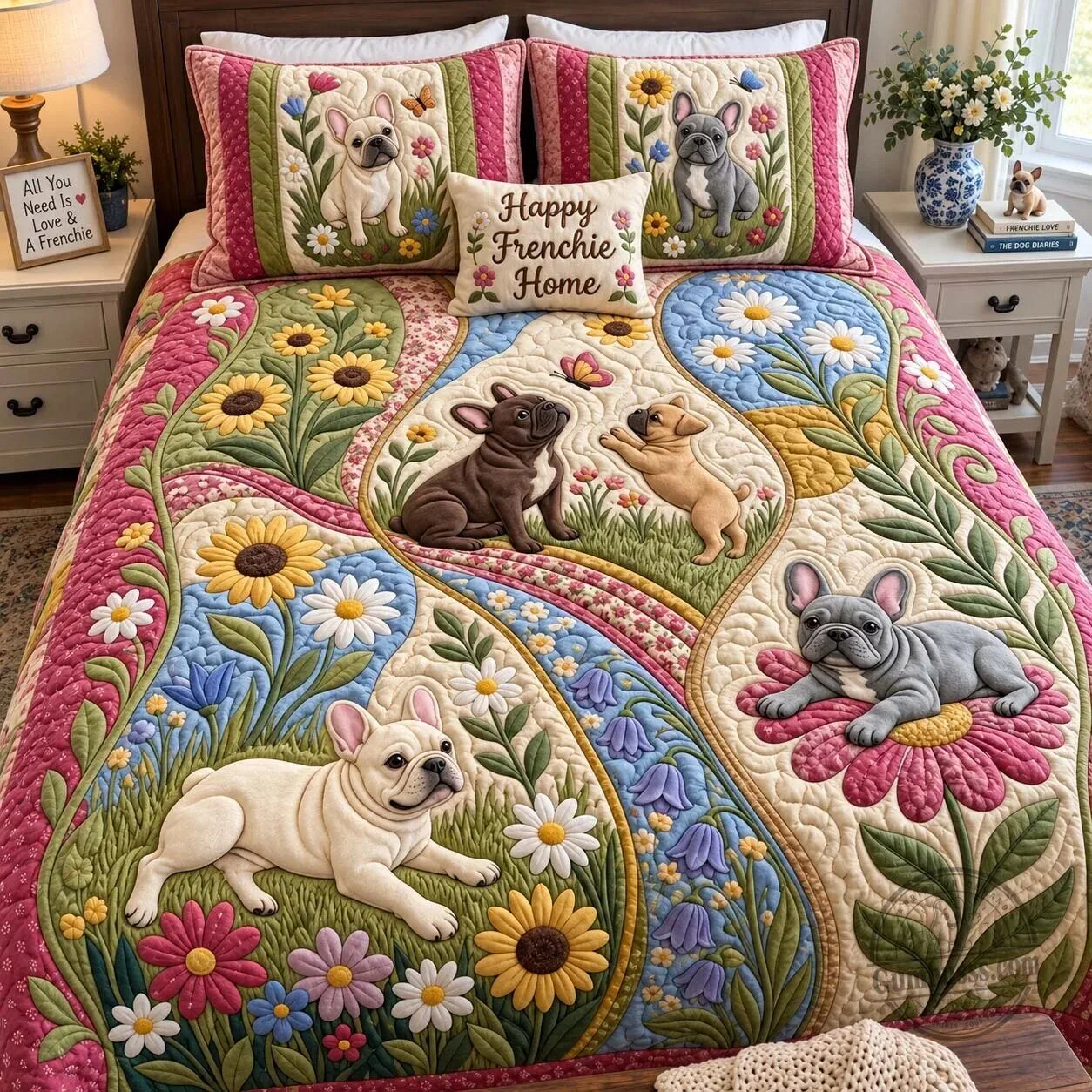French Bulldog Puppy Love Story Floral Quilted Bedding Set