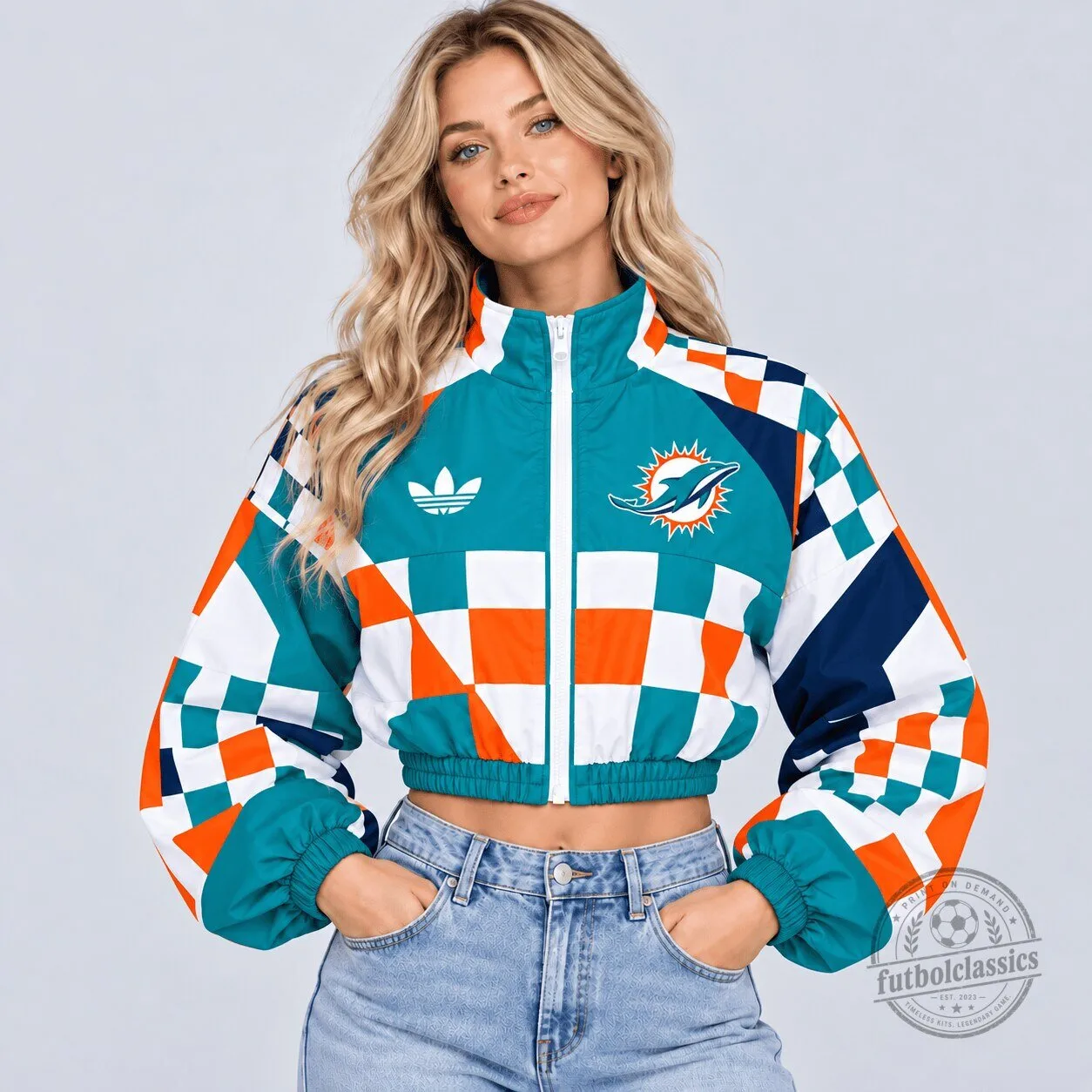 Miami Dolphins NFL Racing Checkered Flag Colorblock Full Zip Cropped Jacket