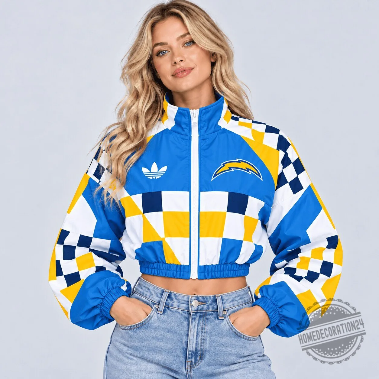 Los Angeles Chargers Checkered Flag Racing Full Zip Cropped Windbreaker Jacket