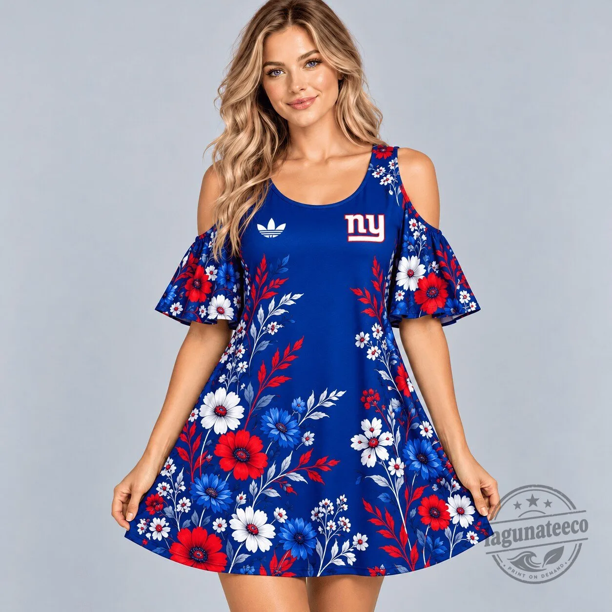 New York Giants Floral Print Cold Shoulder Ruffle Sleeve A-Line Mini Dress