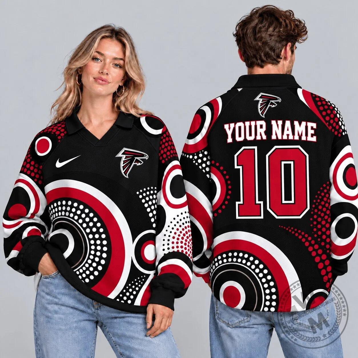 Atlanta Falcons NFL Retro Geometric Circle Print Custom Name Number Long Sleeve Polo Shirt 1 Atlanta Falcons NFL Retro Geometric Circle Print Custom Name Number Long Sleeve Polo Shirt