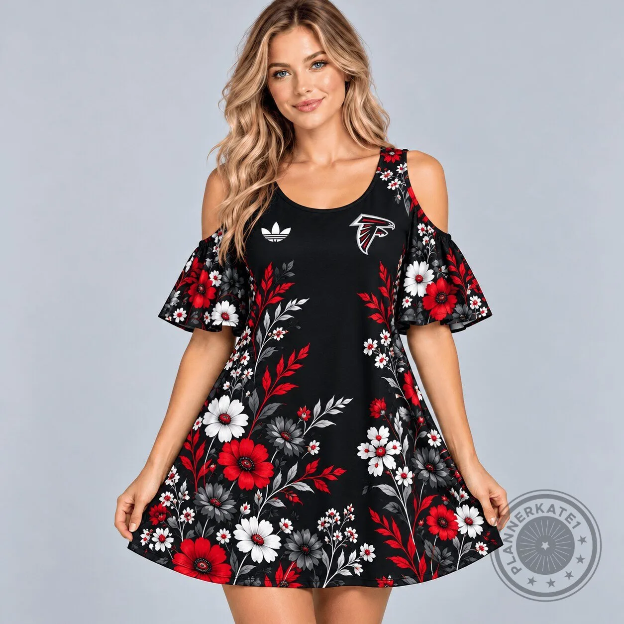 Atlanta Falcons NFL Football Team Elegant Floral Print Cold Shoulder Mini Dress