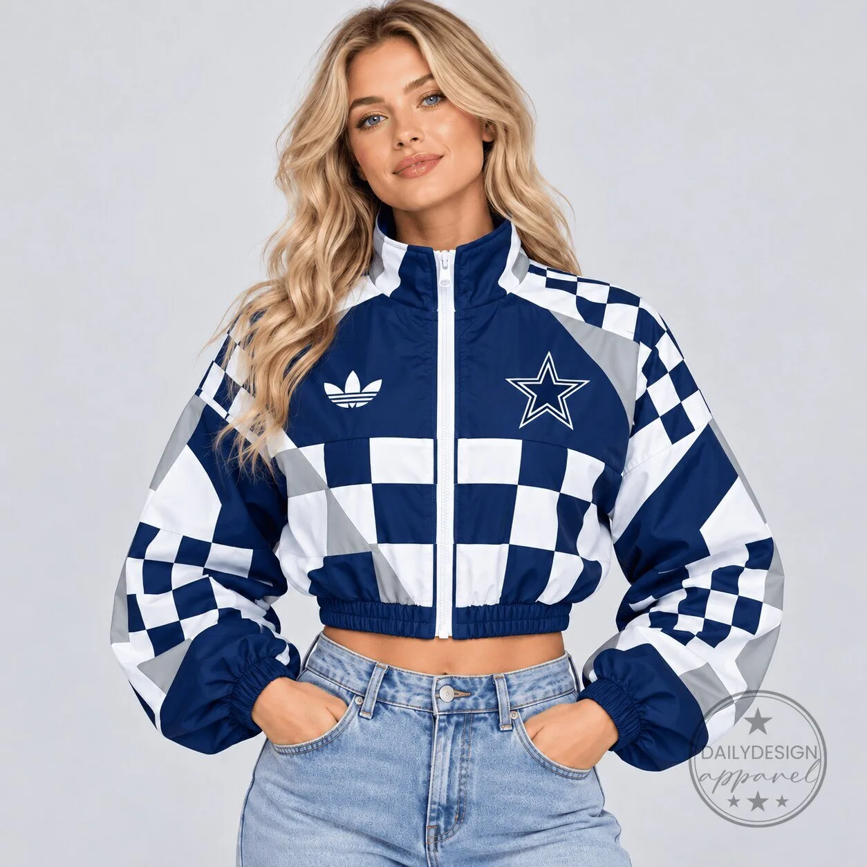 Dallas Cowboys NFL Retro Racing Checkered Flag Colorblock Cropped Windbreaker Jacket