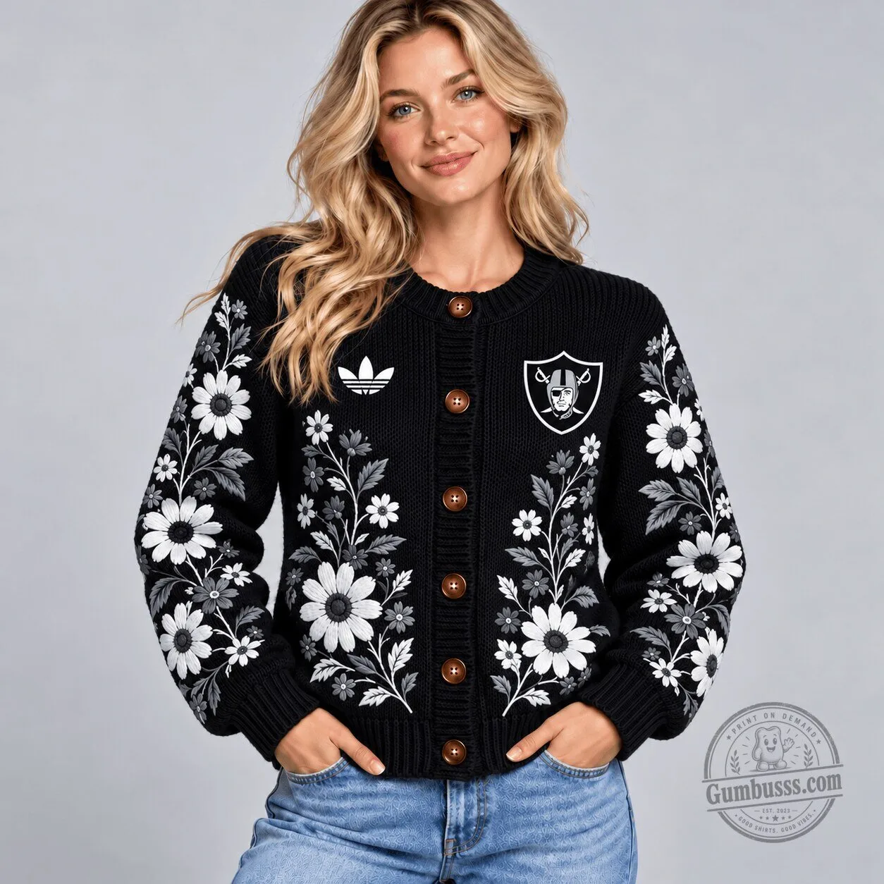 Las Vegas Raiders NFL Football Team Floral Embroidered Black Cardigan Sweater 1 Las Vegas Raiders NFL Football Team Floral Embroidered Black Cardigan Sweater