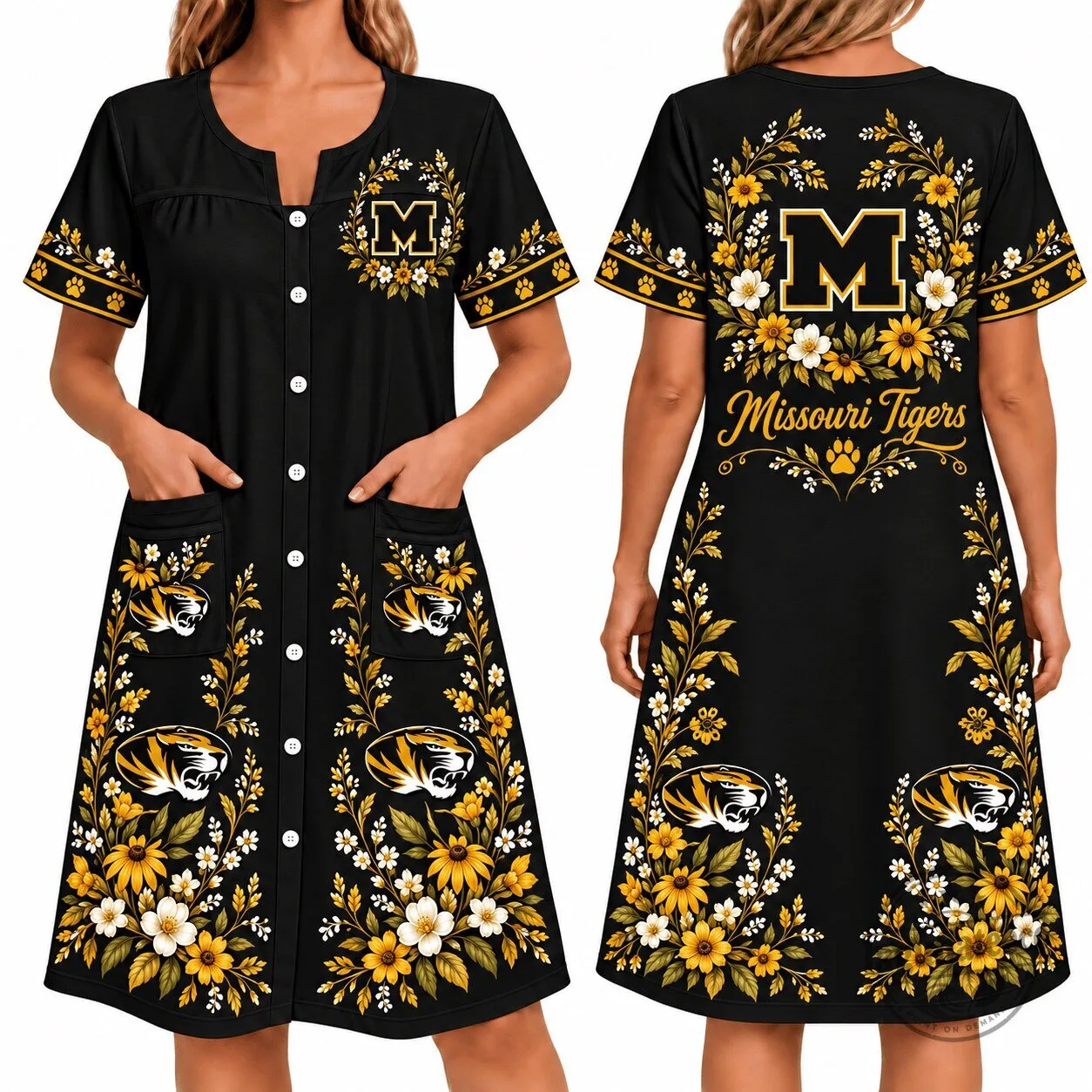 Missouri Tigers Floral Pattern Black Women's Button-Down House Dress