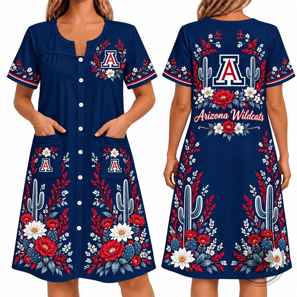 Arizona Wildcats Women's Floral Button-Up House Dress with Pockets