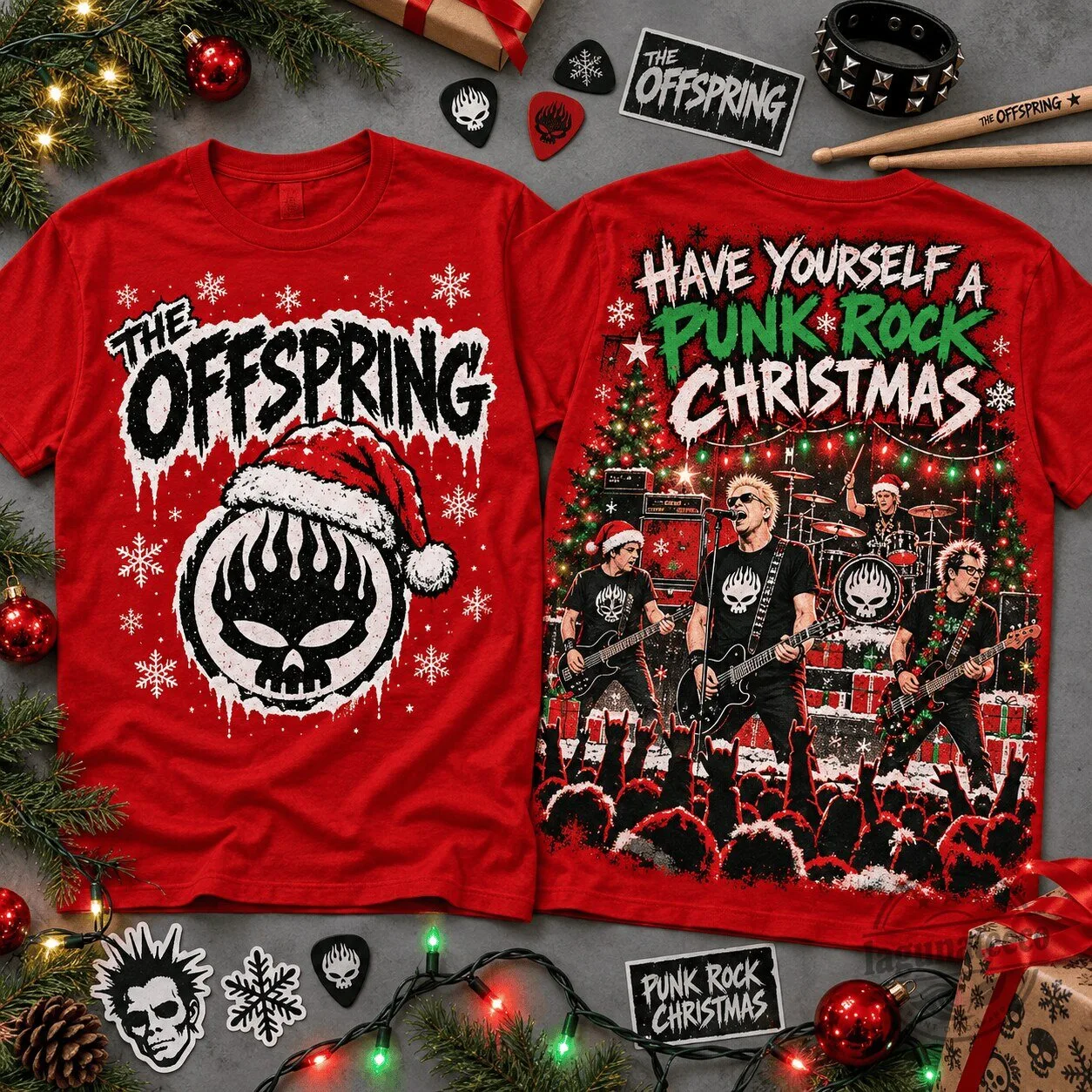 The Offspring Punk Rock Christmas Skull Graphic T-Shirt