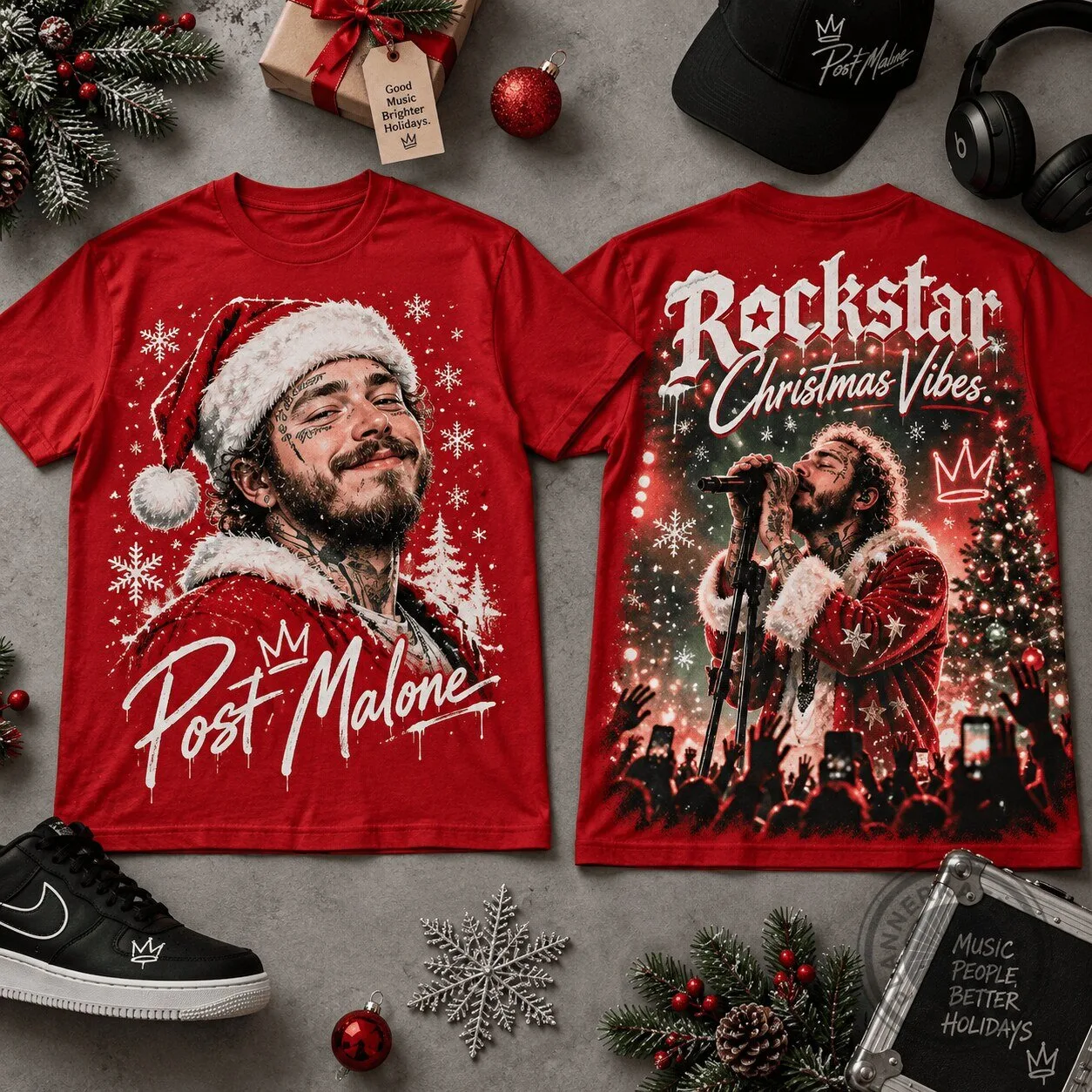 Post Malone Rockstar Christmas Vibes Portrait Holiday Red T-Shirt 1 Post Malone Rockstar Christmas Vibes Portrait Holiday Red T-Shirt