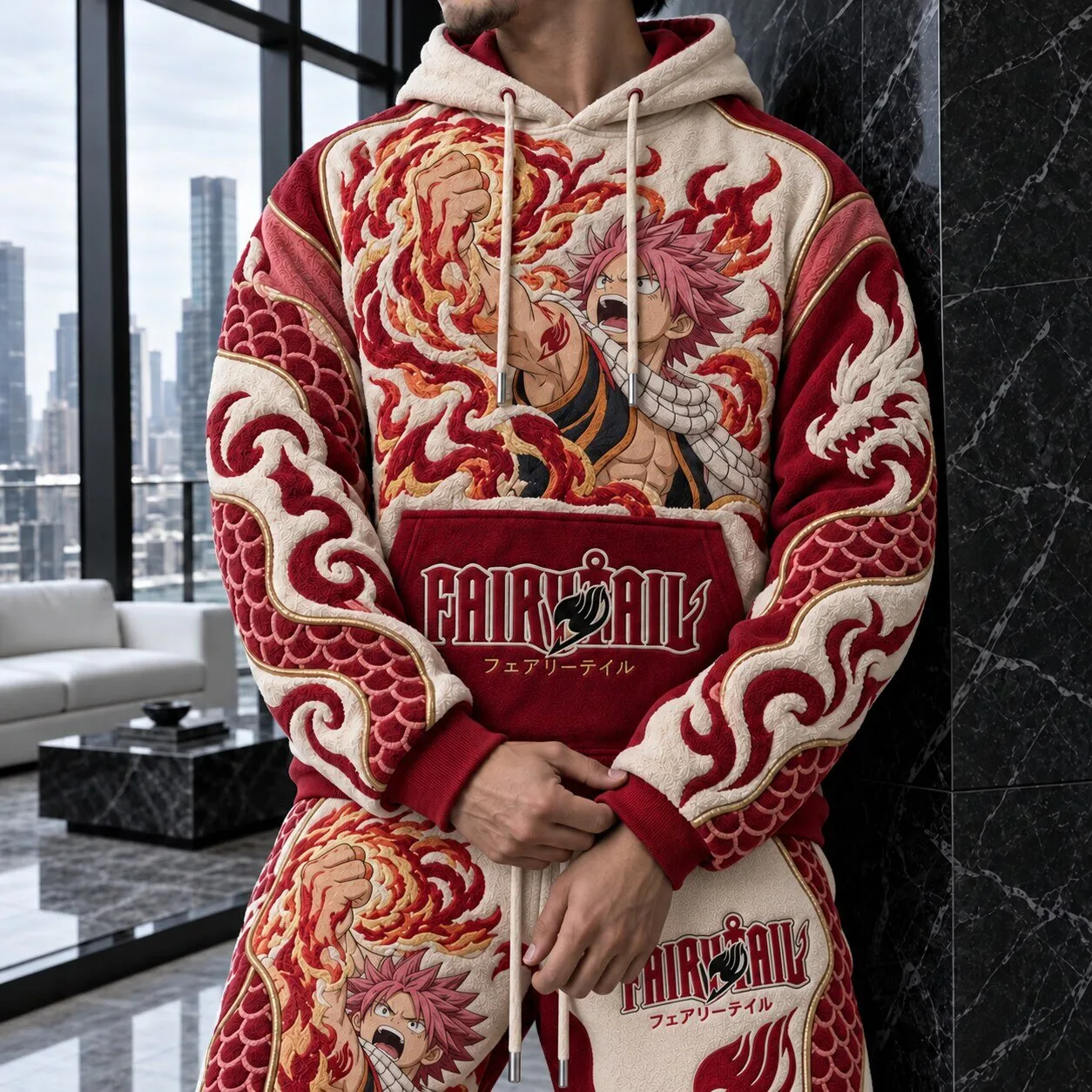 Fairy Tail Natsu Dragneel Anime Embroidered Dragon Design Hoodie