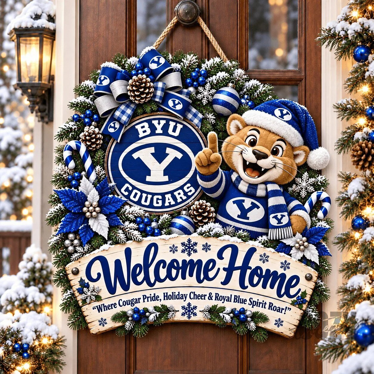 BYU Cougars Mascot Christmas Welcome Home Holiday Door Hanger