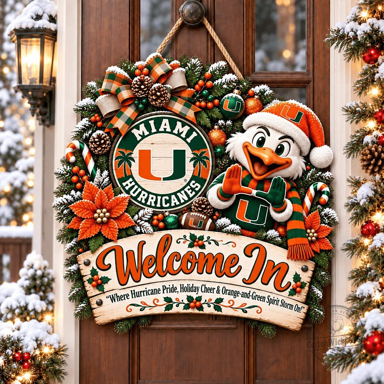 Miami Hurricanes Christmas Welcome Door Hanger Wreath