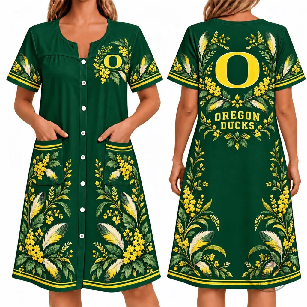 Oregon Ducks NCAA Floral Pattern Button-Up House Dress for Women Oregon Ducks NCAA Floral Pattern Button-Up House Dress for Women