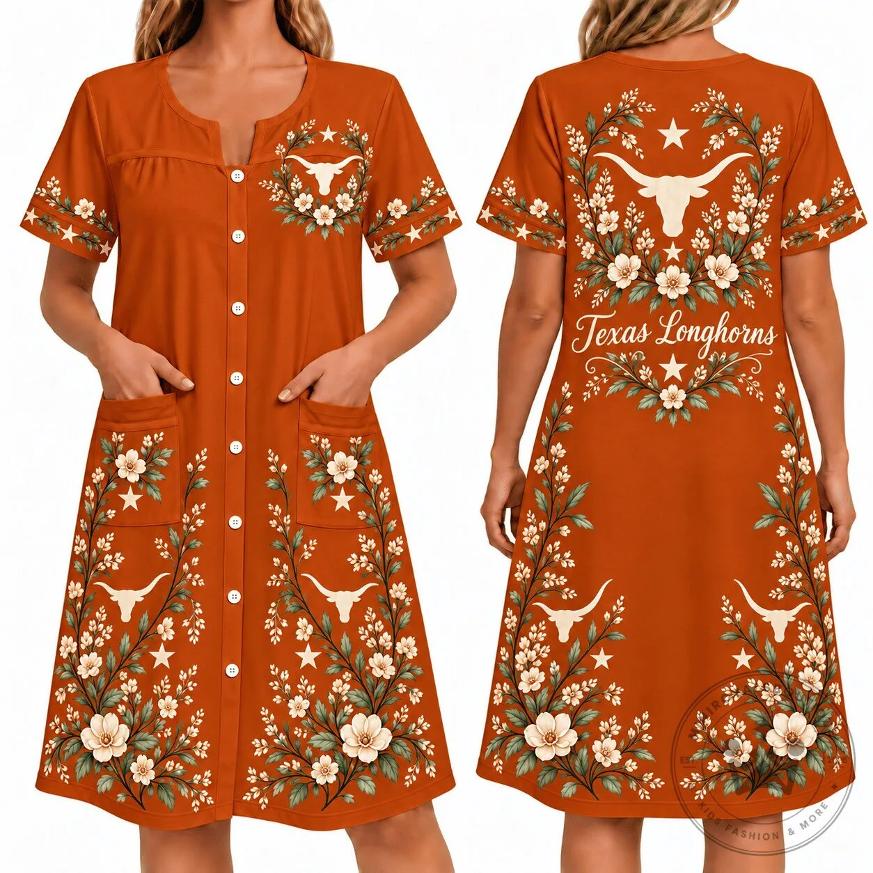 Texas Longhorns Floral Button Front Short Sleeve House Dress for Women
