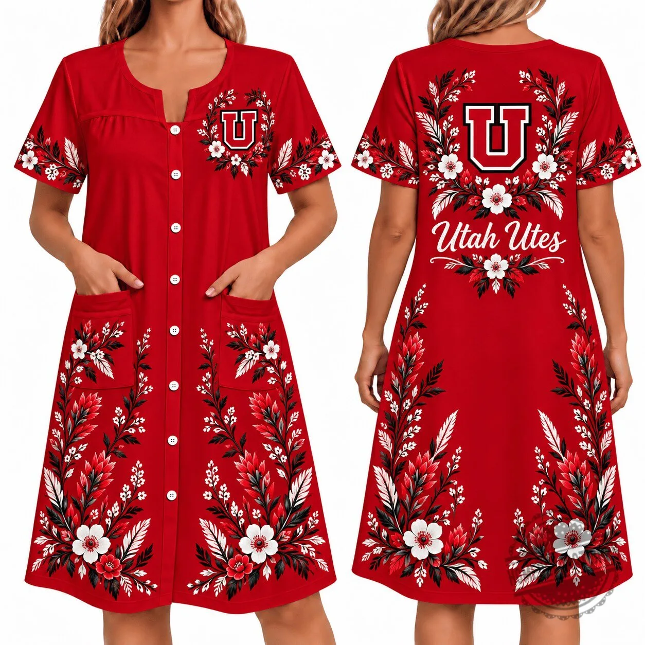 Utah Utes Women's Floral Print Button-Front House Dress