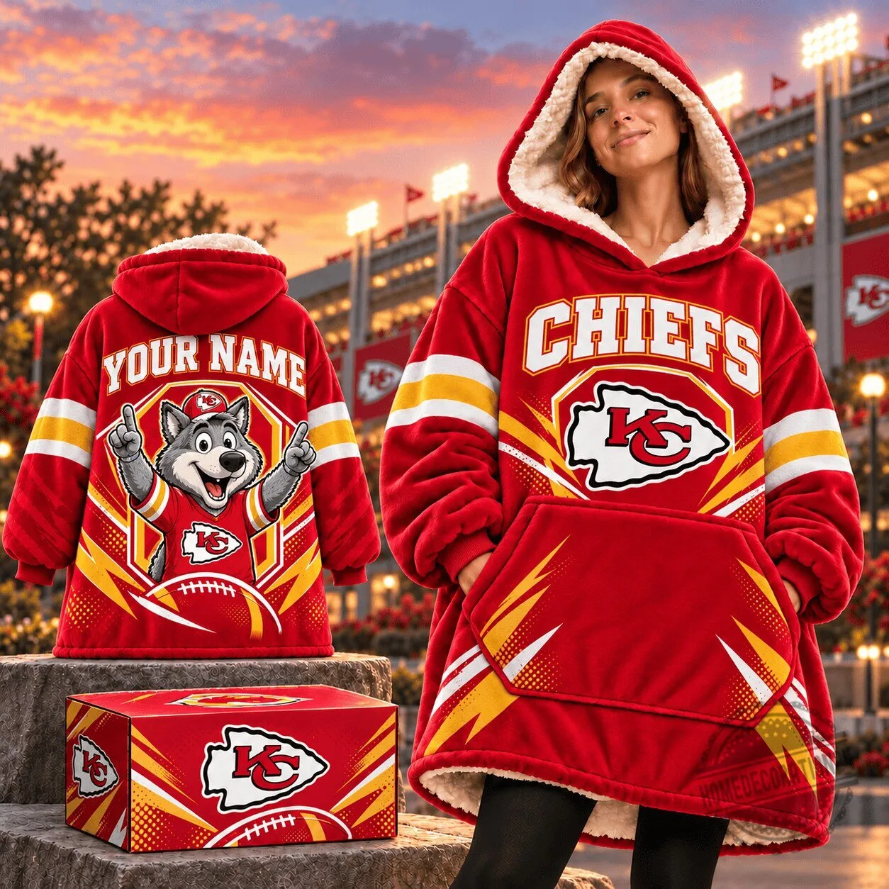 Kansas City Chiefs NFL Oversized Wearable Blanket Hoodie with Custom Name