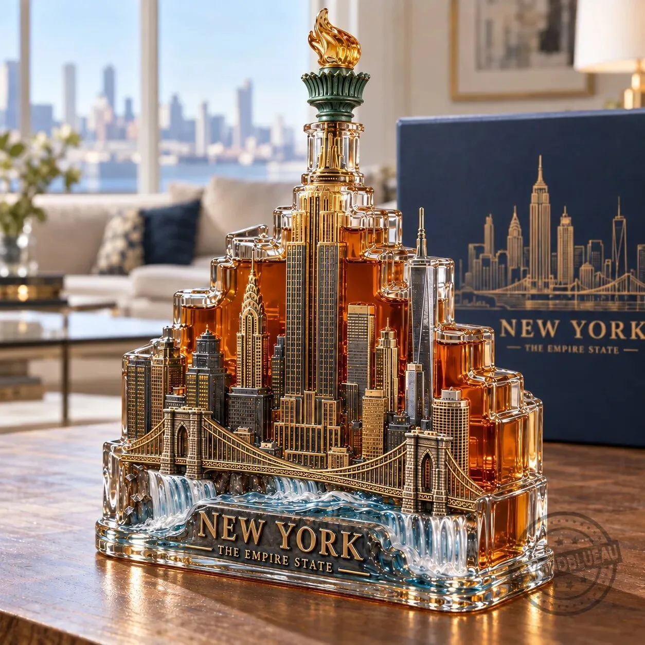 New York City Skyline Whiskey Decanter with Statue of Liberty Torch Stopper
