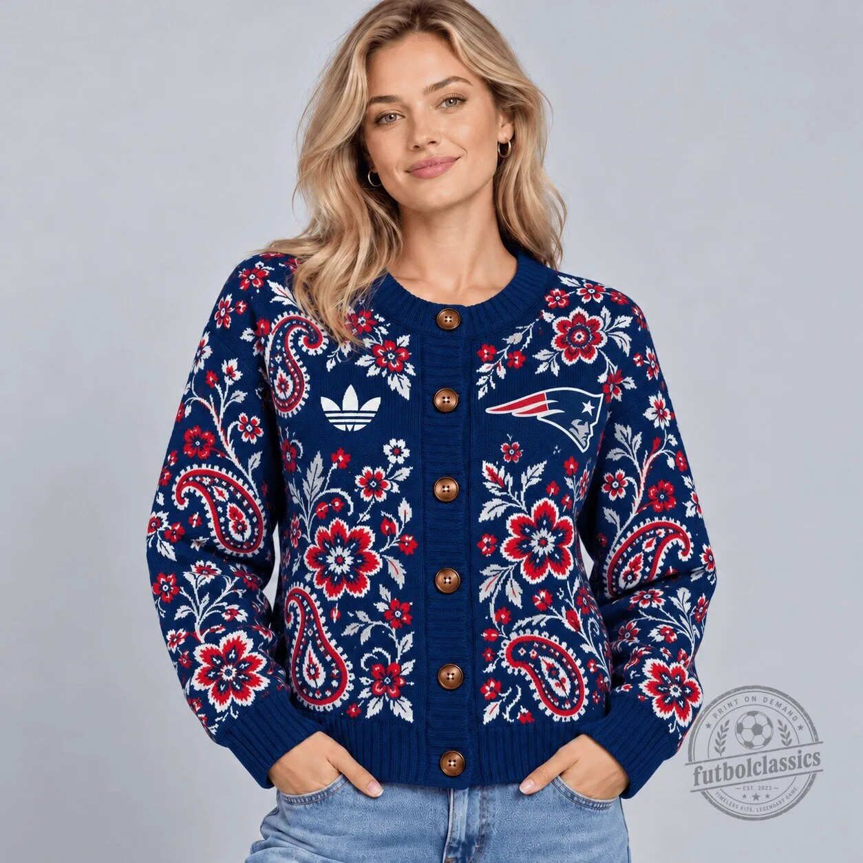New England Patriots NFL Bohemian Paisley Floral Button Up Cardigan Sweater