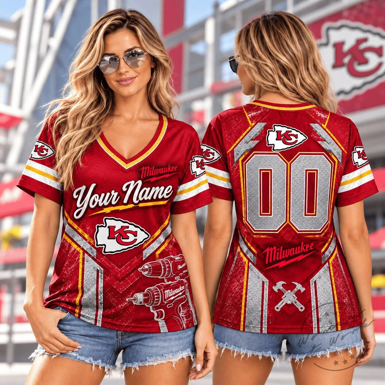 Kansas City Chiefs Personalized Milwaukee Tools Football Fan V-Neck T-Shirt 1 Kansas City Chiefs Personalized Milwaukee Tools Football Fan V-Neck T-Shirt