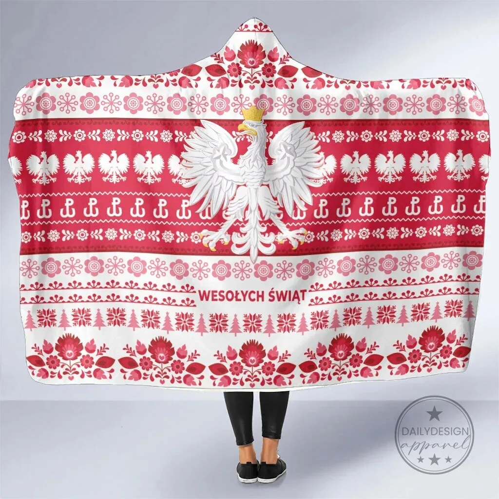 Polish Wesolych Swiat Lachy Sadeckie Pattern White Version Hooded Blanket