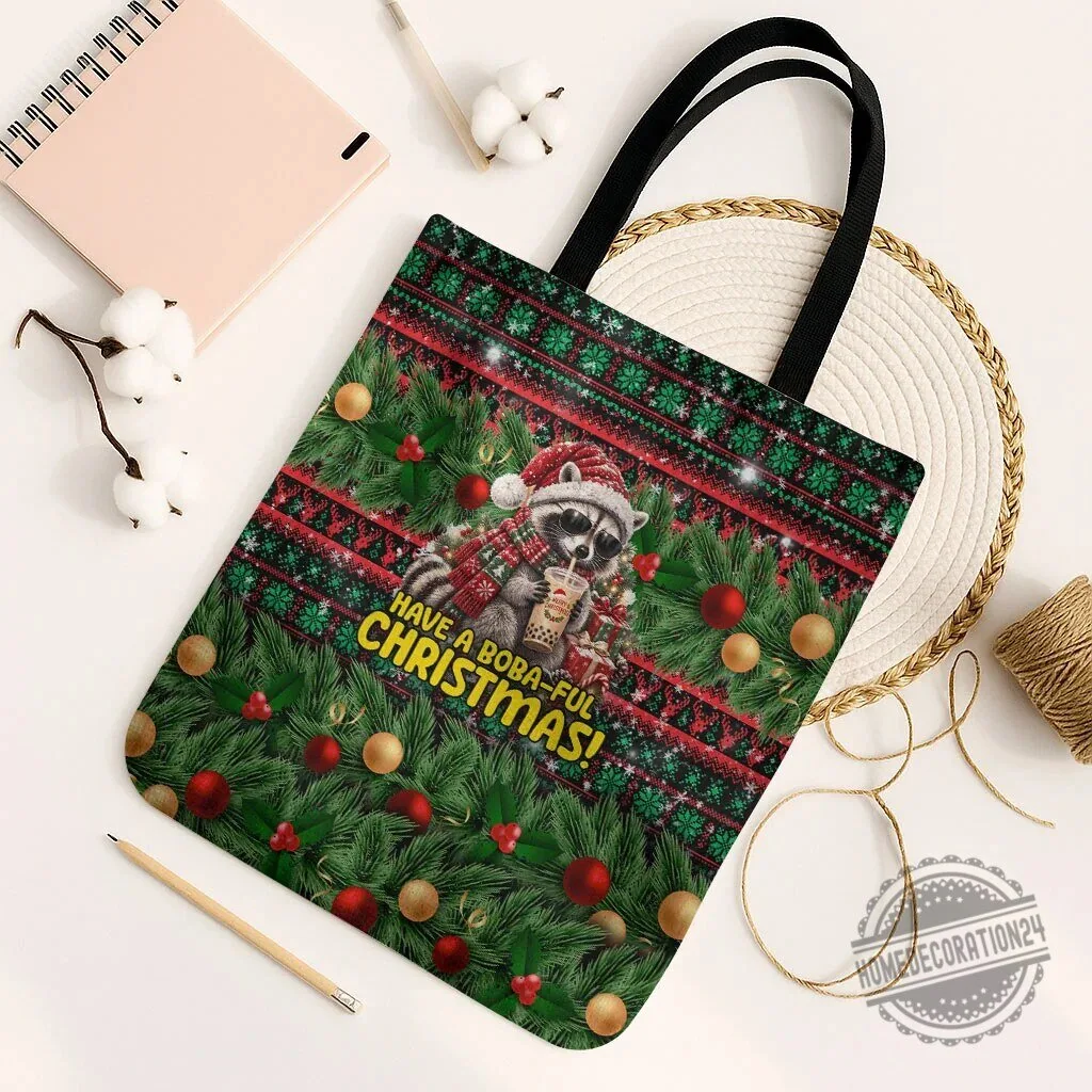 Funny Christmas Raccoon Drinking Boba Tea Holiday Tote Bag