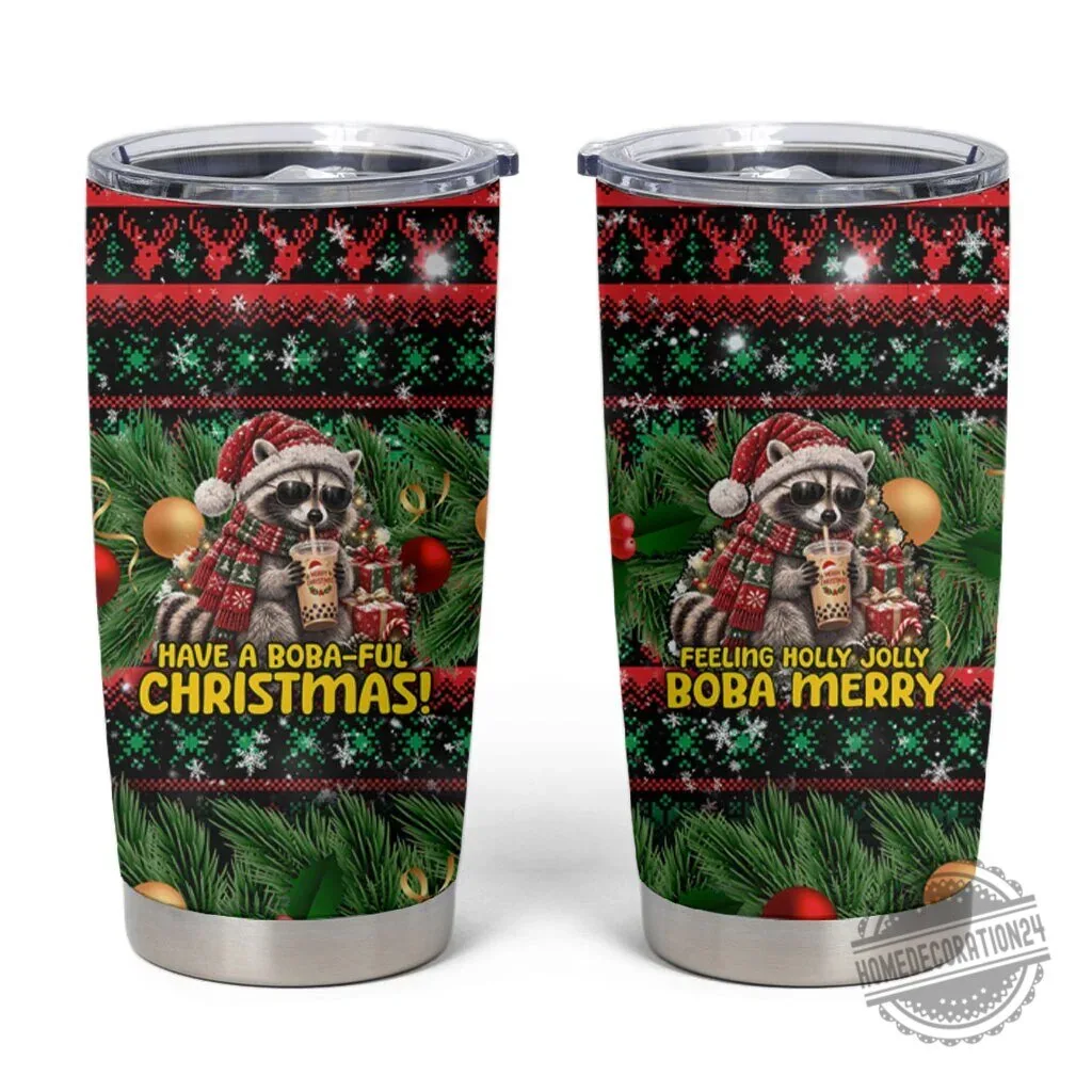 Christmas Raccoon Boba Tea Ugly Sweater Tumbler