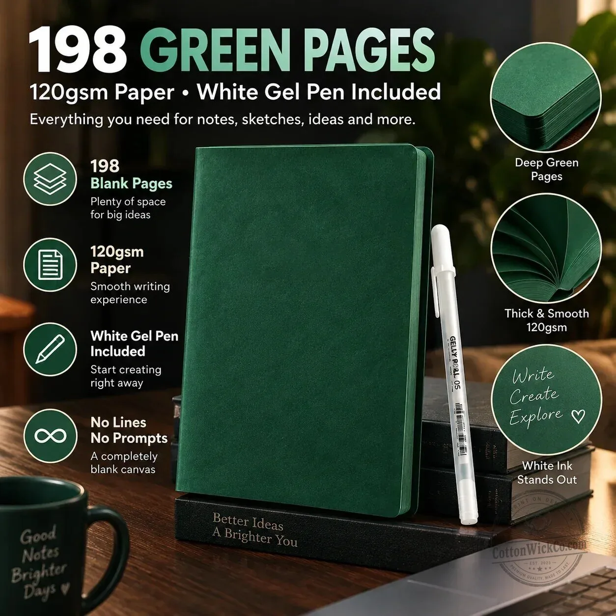 Deep Green Blank Journal with White Gel Pen, 198 Pages, 120gsm Paper