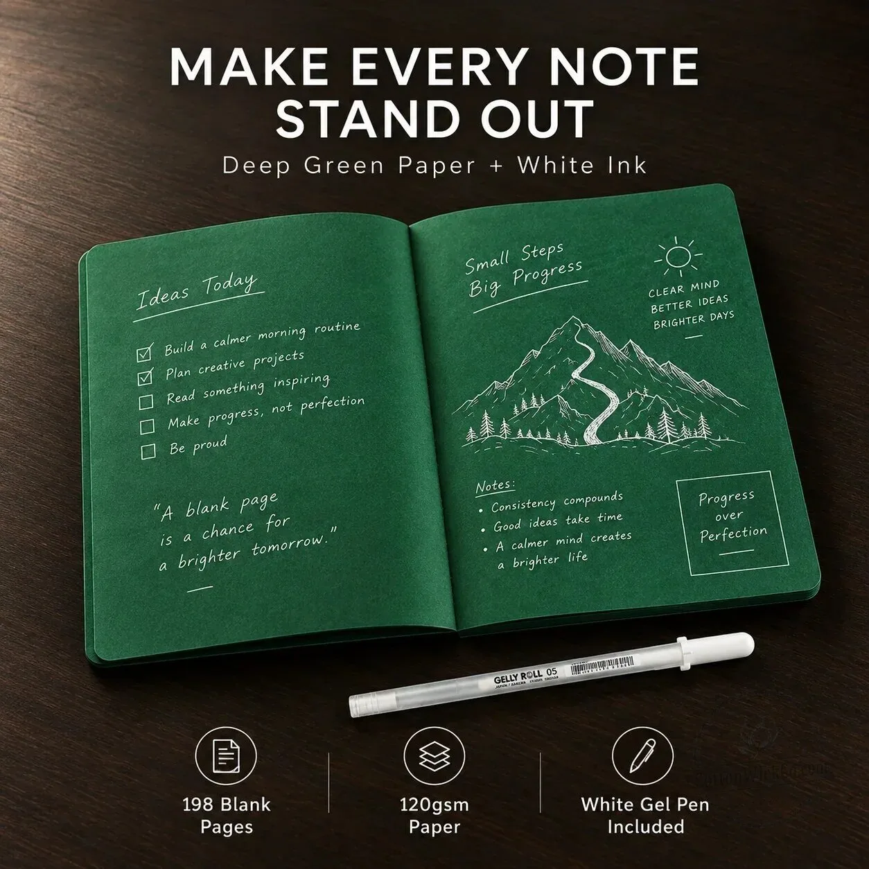 Deep Green Blank Journal with White Gel Pen, 198 Pages, 120gsm Paper 9 Deep Green Blank Journal with White Gel Pen, 198 Pages, 120gsm Paper