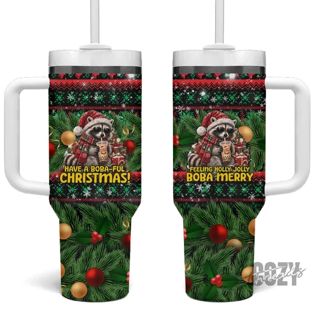 Christmas Raccoon Boba Tea Holiday Tumbler with Handle