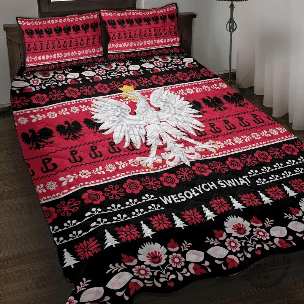 Poland Merry Christmas Lachy Sadeckie Pattern Black Quilt Bedding Set