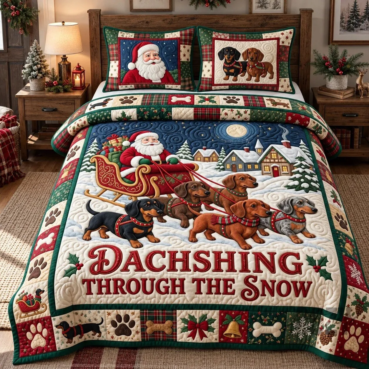 Dachshund Through The Snow Santa Sleigh Christmas Quilted Bedding Set