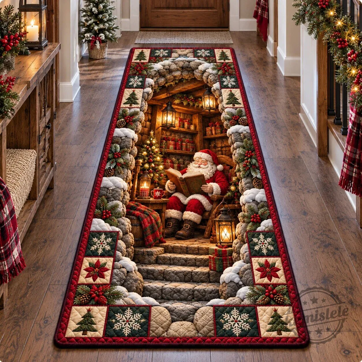 Christmas Santa Claus Reading Book in Cellar Hallway Runner Rug
