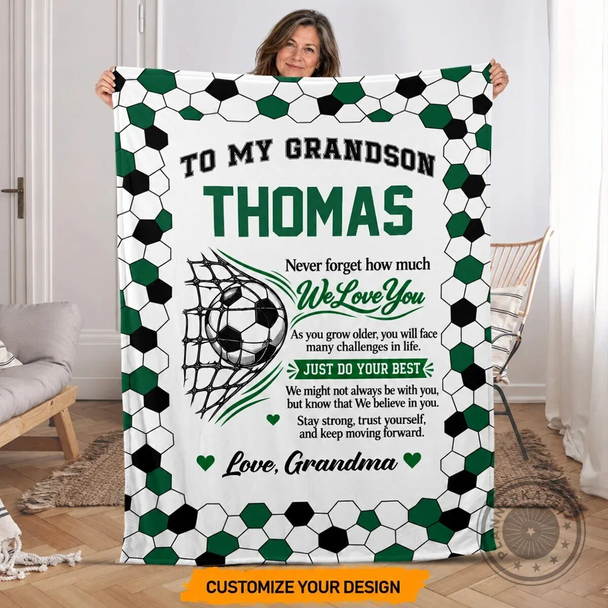 Personalized Grandson Soccer Theme Blanket from Grandma with Inspirational Message