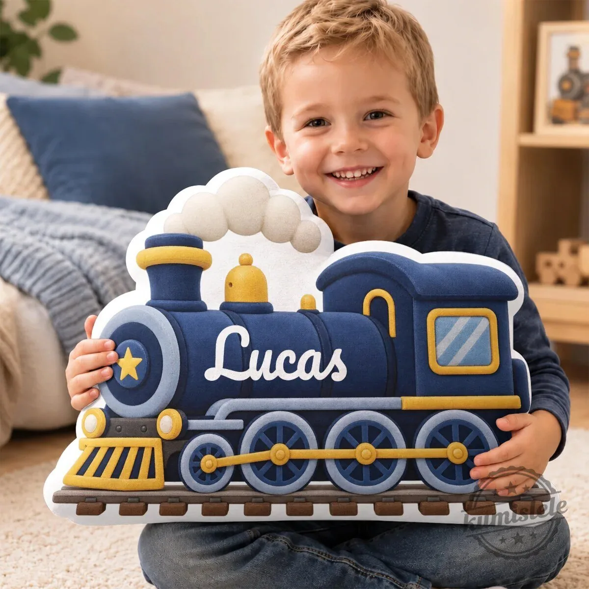 Personalized Blue Train Engine Shaped Pillow for Kids Room Decor