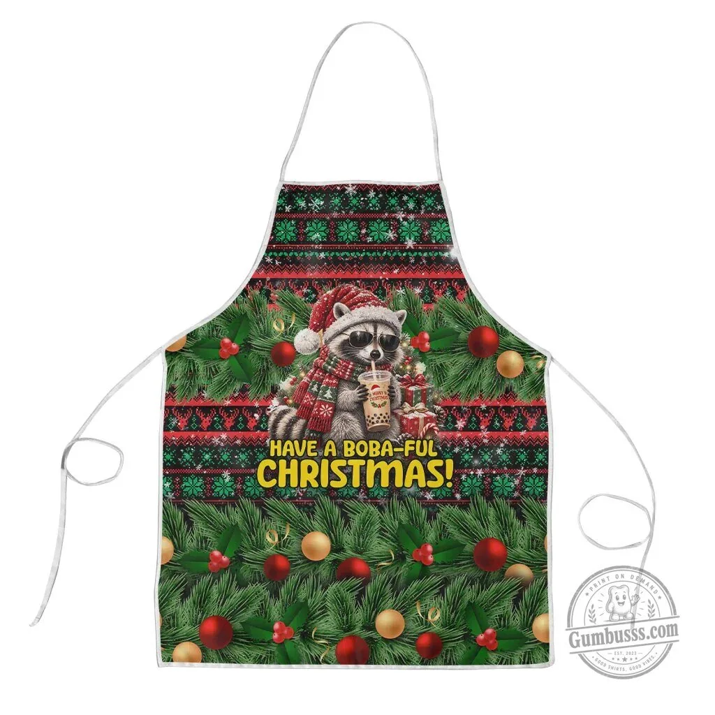 Funny Christmas Raccoon Drinking Boba Tea Ugly Sweater Style Holiday Apron