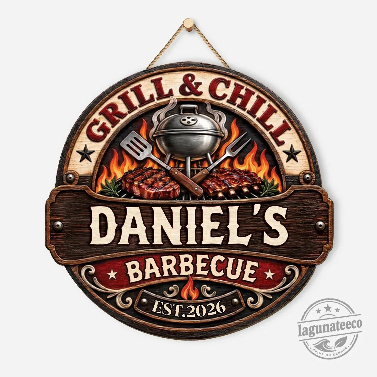 Personalized Grill & Chill Barbecue Wood Sign for Outdoor Kitchen Decor