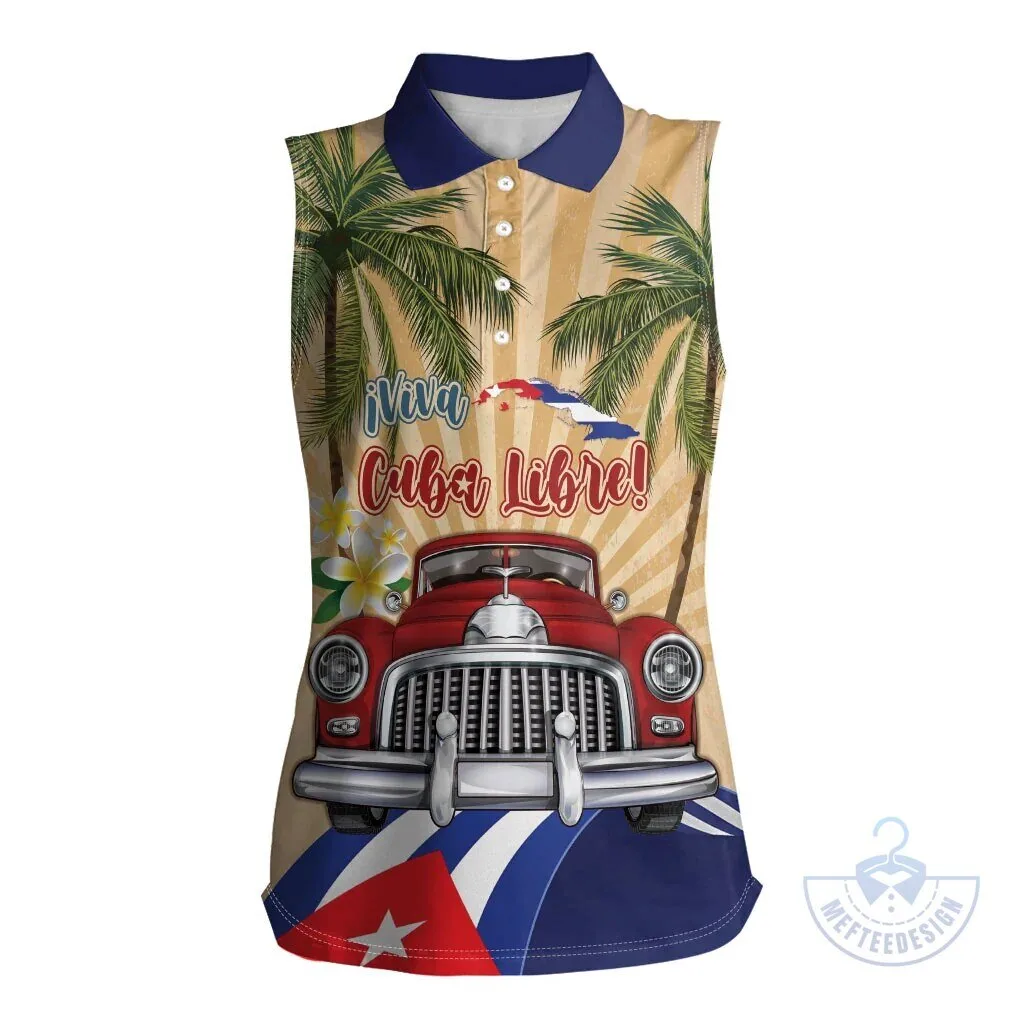 Viva Cuba Libre Sleeveless Polo Shirt with Cuban Flag and Classic Car