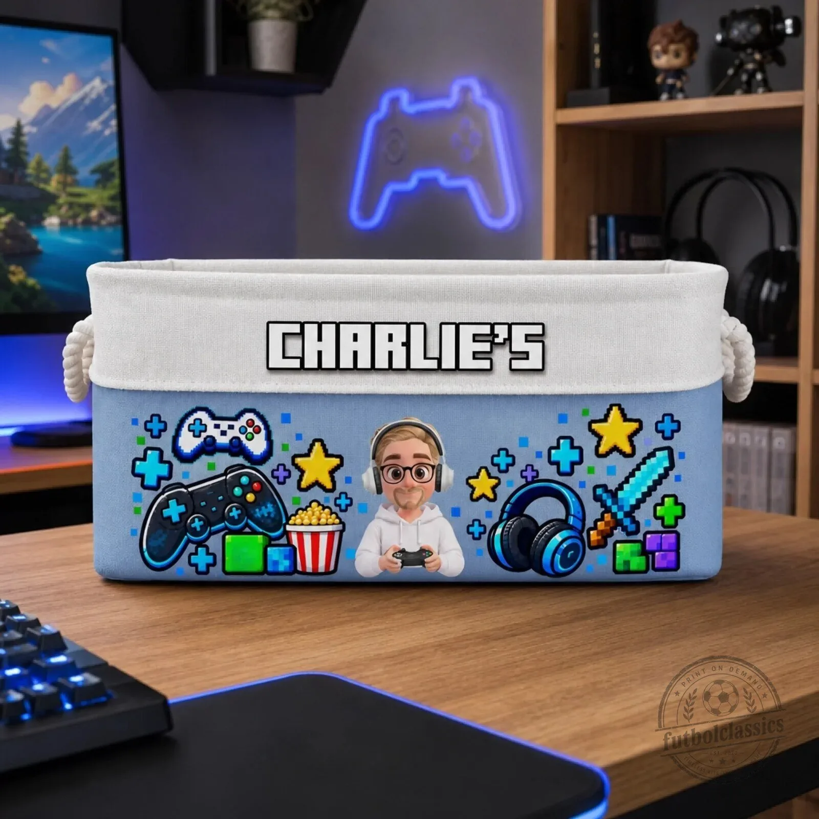 Personalized Gamer Storage Basket for Kids - Custom Gaming Controller Toy Bin