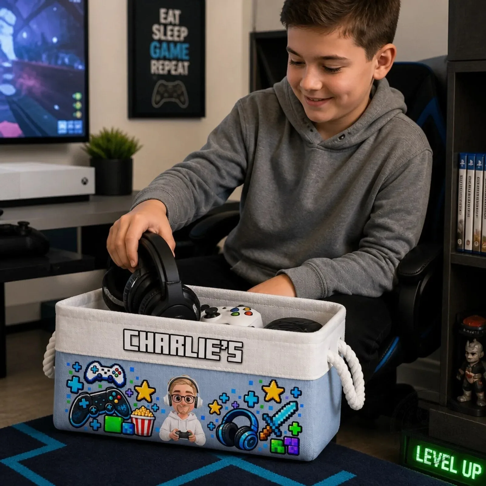 Personalized Gamer Storage Basket for Kids - Custom Gaming Controller Toy Bin 7 Personalized Gamer Storage Basket for Kids - Custom Gaming Controller Toy Bin