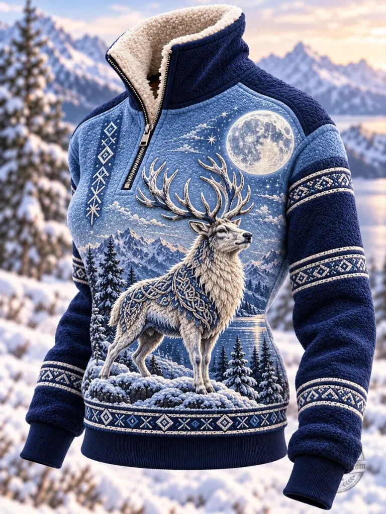 Winter Stag Full Moon Sherpa Fleece Quarter-Zip Pullover Sweatshirt