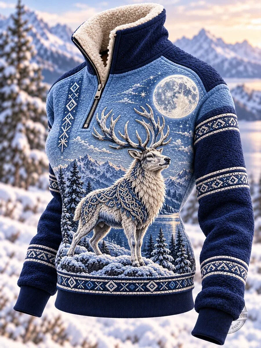 Winter Stag Full Moon Sherpa Fleece Quarter-Zip Pullover Sweatshirt