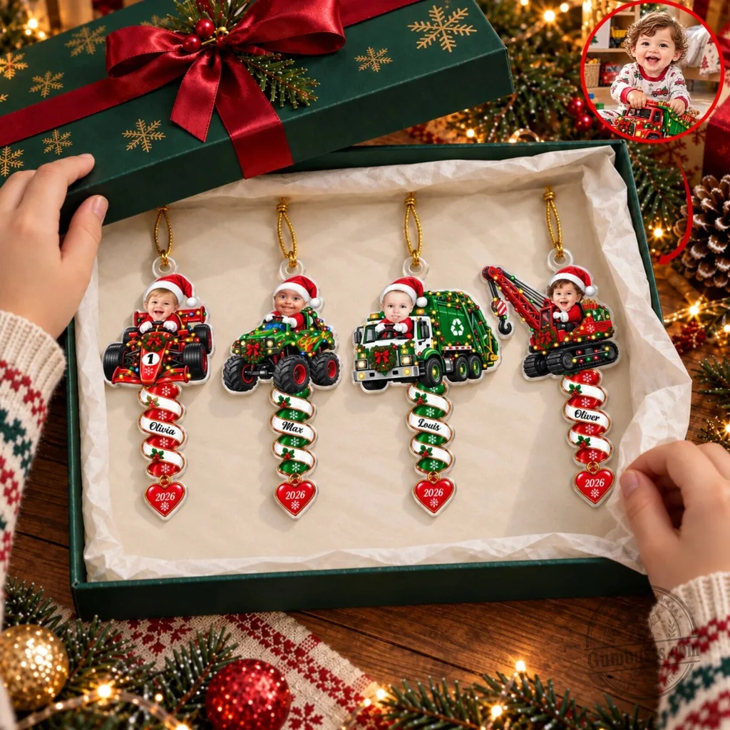 Personalized Kids Christmas Truck Spiral Acrylic Ornament with Custom Photo Personalized Kids Christmas Truck Spiral Acrylic Ornament with Custom Photo