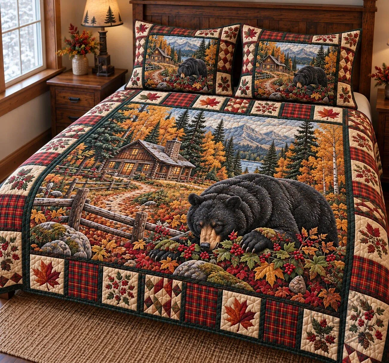 Rustic Black Bear Cabin Autumn Landscape Quilted Bedding Set