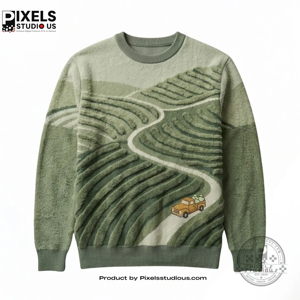 Green Tea Garden Landscape Knit Sweater