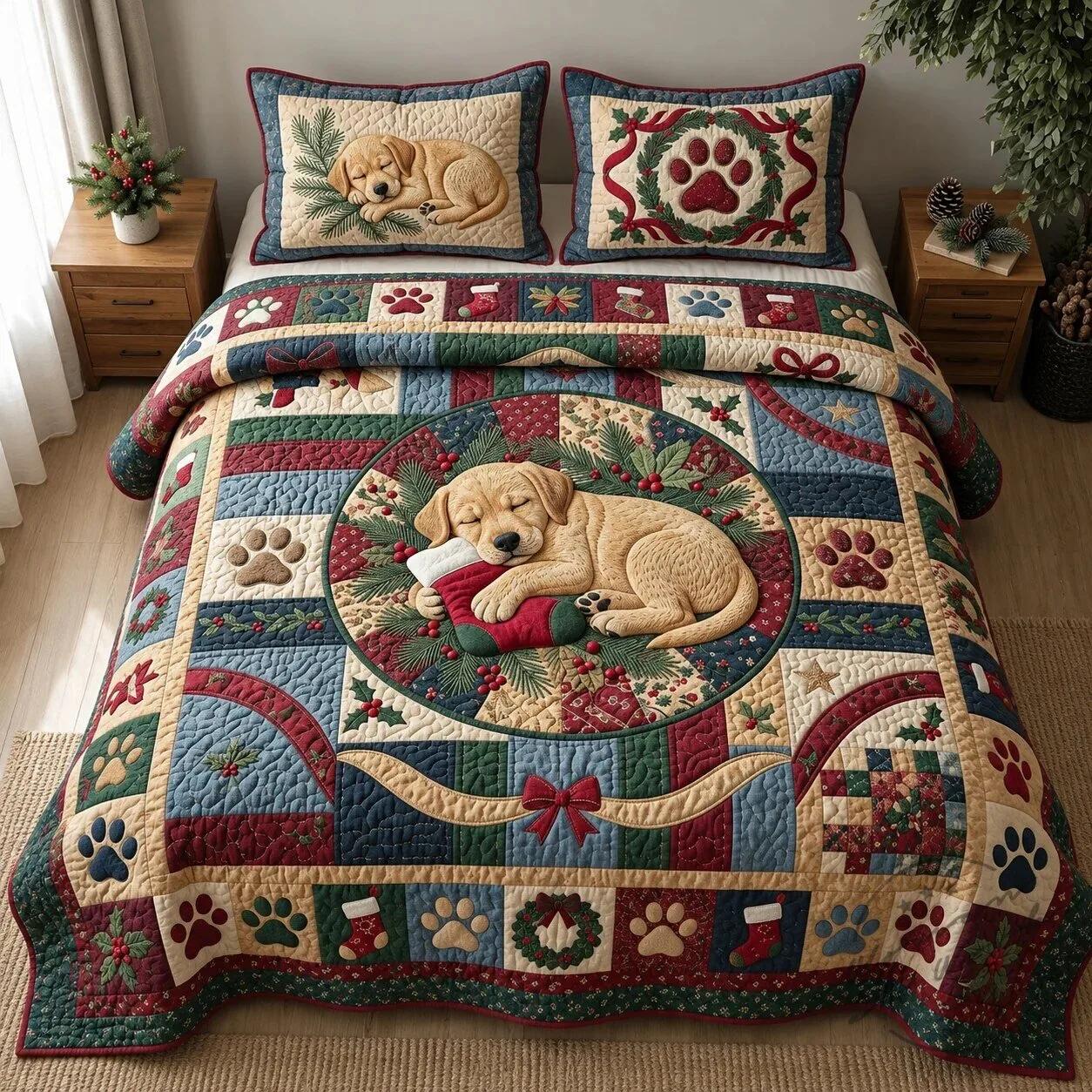 Labrador Retriever Puppy Christmas Sleepover Quilted Bedding Set