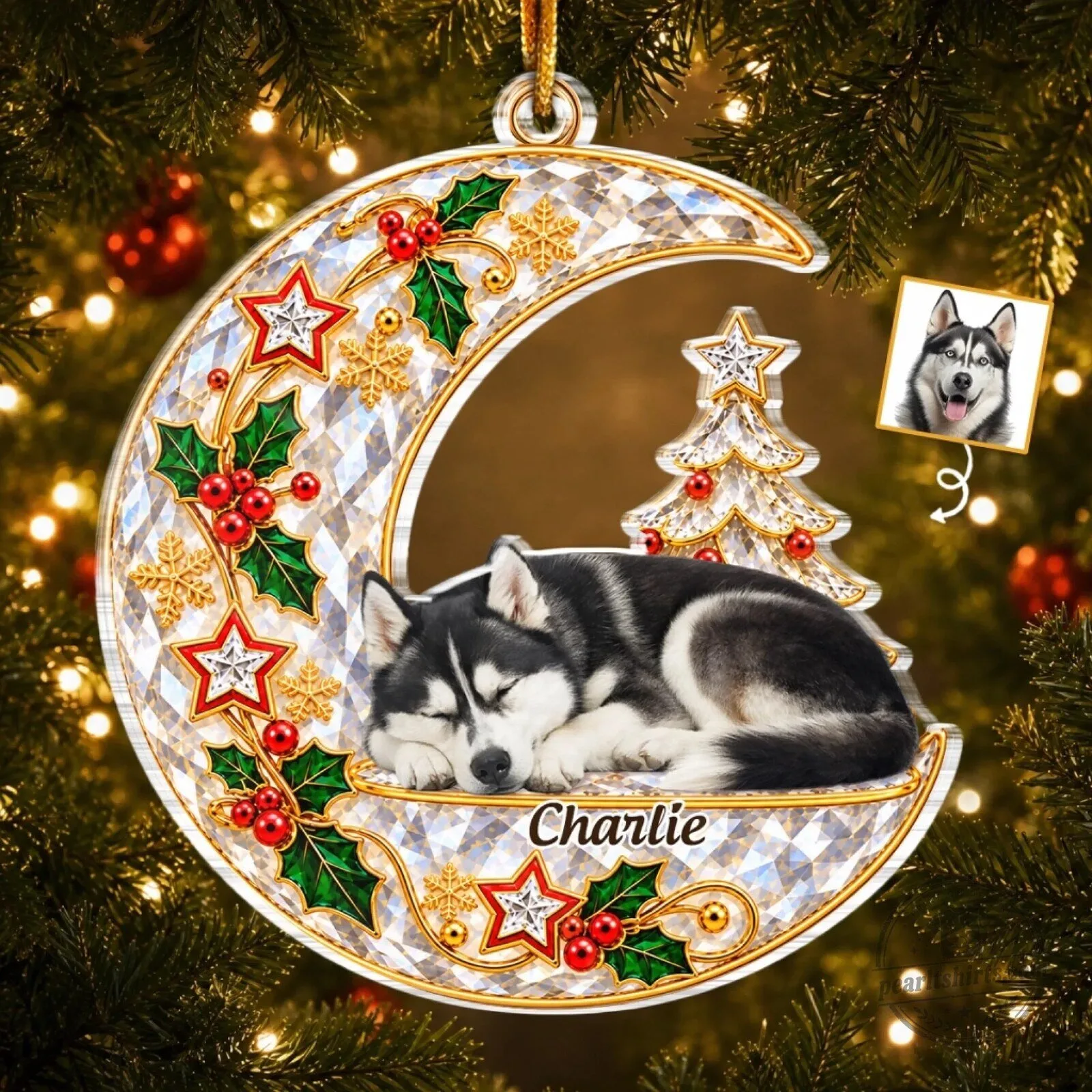 Personalized Siberian Husky Sleeping Dog Christmas Tree Ornament Keepsake