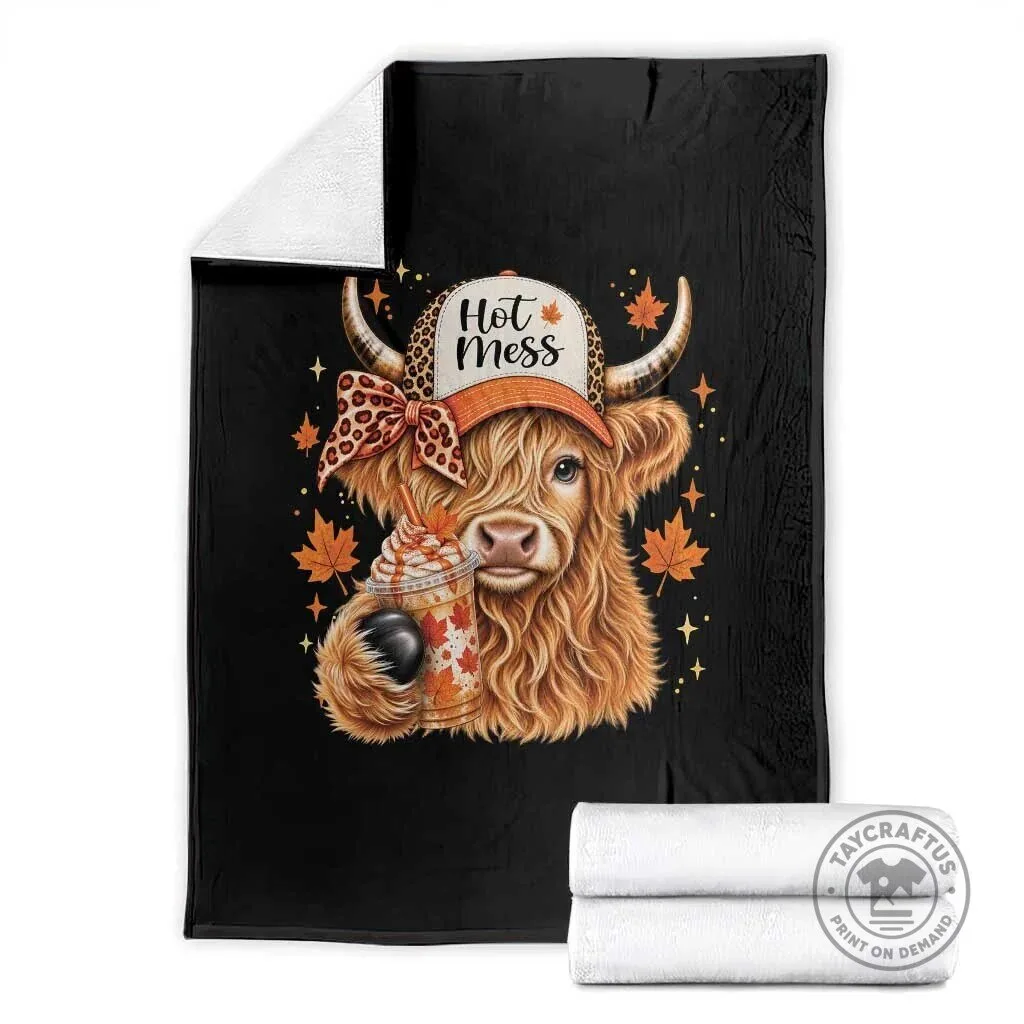 Hot Mess Fall Leopard Highland Cow Drinking Coffee Autumn Farm Animal Throw Blanket