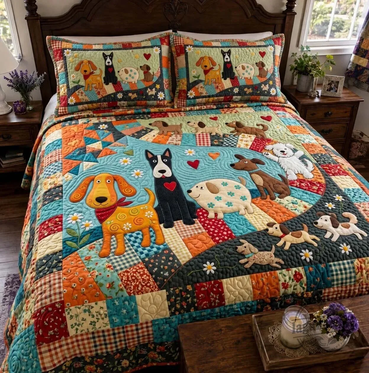 Happy Dog Patchwork Quilted Bedding Set with Adorable Puppy Design