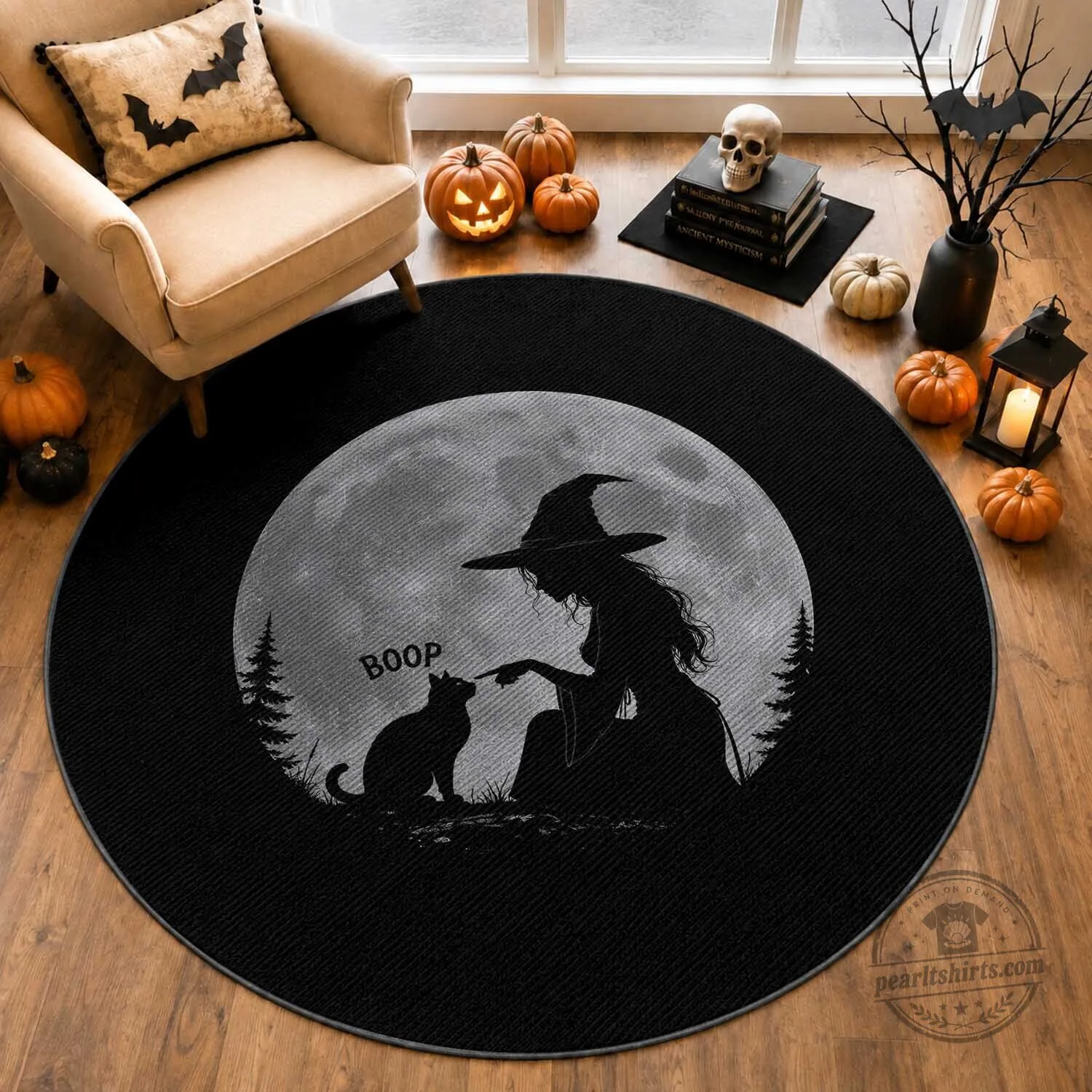 Witch Booping Cat Nose Under Full Moon Halloween Round Rug 1 Witch Booping Cat Nose Under Full Moon Halloween Round Rug