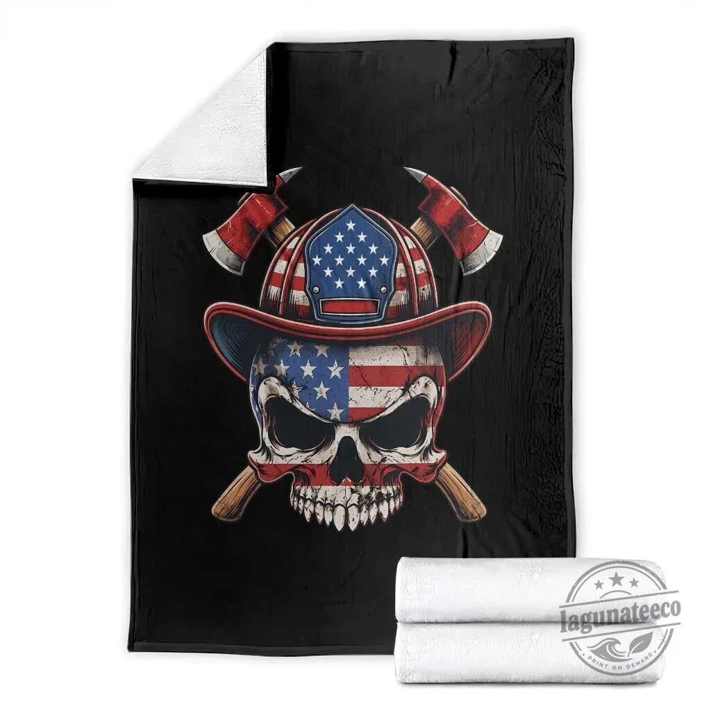 American Flag Firefighter Skull Patriotic First Responder Throw Blanket
